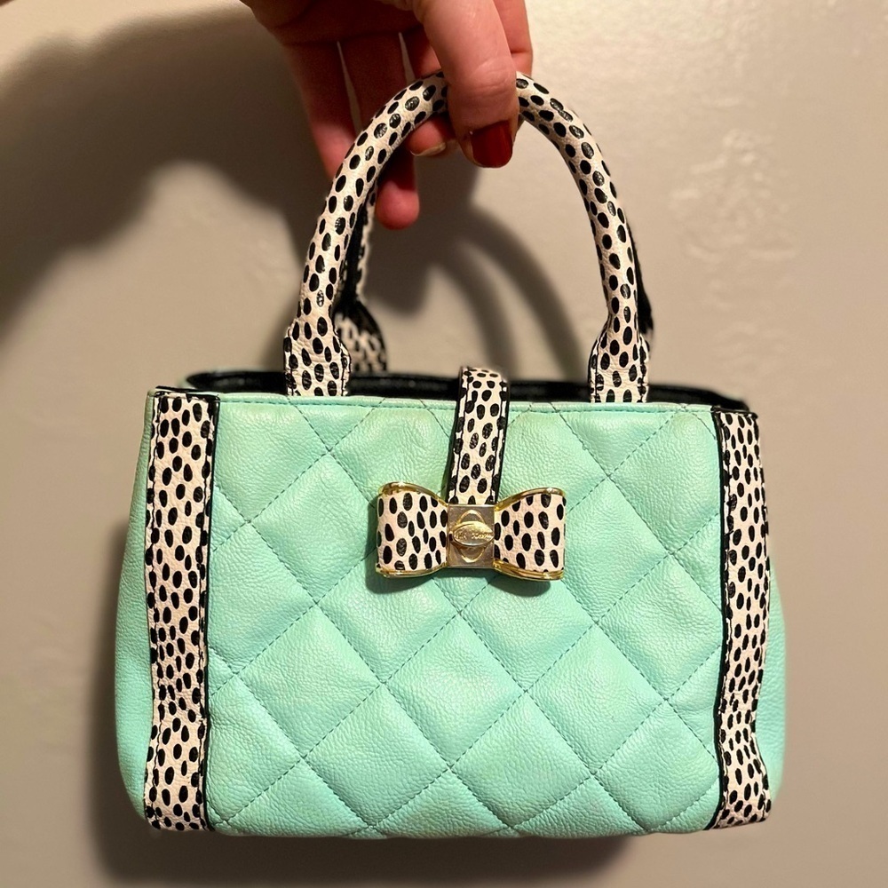 Betsey Johnson Pastel Blu Green Quilted Mini Satchel Bag Dalmatian Dot Bow Purse
